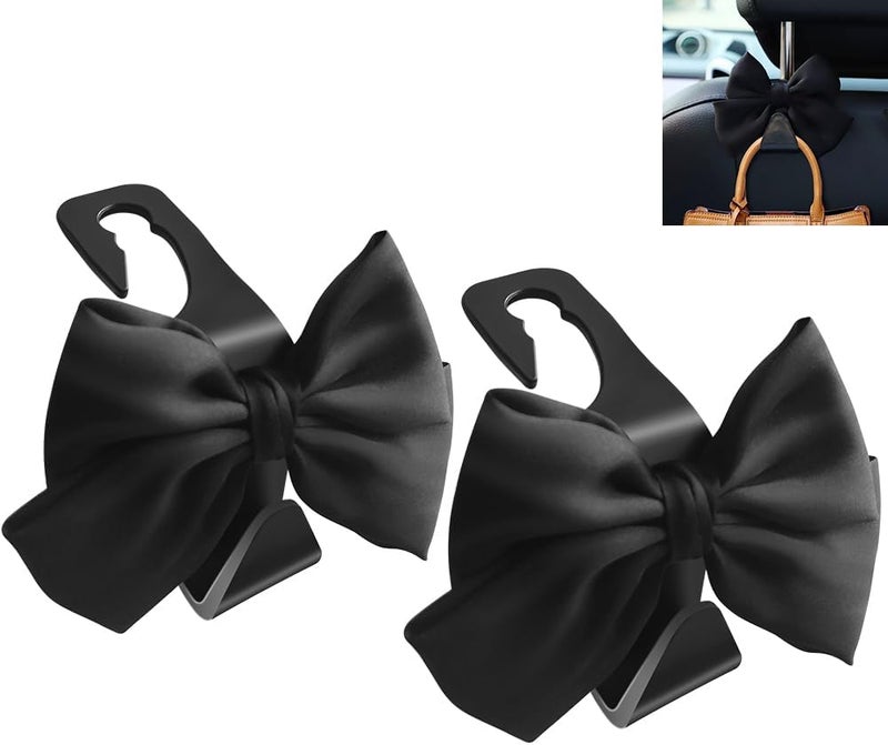 LIFOPY 2 Pack Car Purse Hooks, Cute Bow Car Seat Headrest Hook Hanger for Purses and Bags, Space-Saving Car Accessory (Black silk) - Image 1